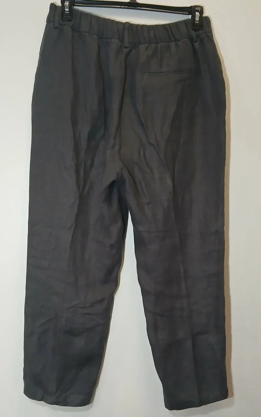 Zara womens large wide leg 100% linen gray pants charcoal gauzy elastic waist